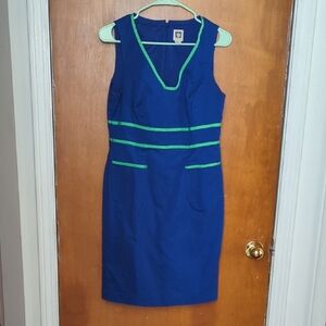 Anne Klein Blue and Green Sheath Dress V-Neck Midi